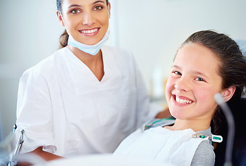 Image showing Consulting, happy and portrait of dentist with girl for cleaning, teeth whitening and wellness. Healthcare, dentistry and woman and child with tools for dental hygiene, oral care and medical services