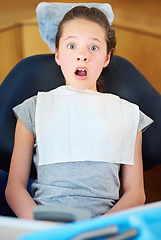 Image showing Scared, fear or portrait of child at dentist with phobia, panic or overwhelmed by dental exam. Orthodontics, stress or face of kid nervous for teeth, cavity or bacteria, risk or gum disease emergency