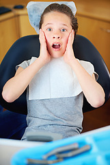 Image showing Fear, scared or portrait of child at a dentist with phobia, panic or overwhelmed by patient exam. Orthodontics, stress or kid nervous for teeth, cavity or bacteria, risk or gum disease emergency