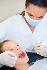 Image showing Girl, kid and dental inspection at dentist with healthcare tool, consultation and safety mask for oral health. Professional, child patient or glove hand for teeth cleaning, gingivitis or medical care