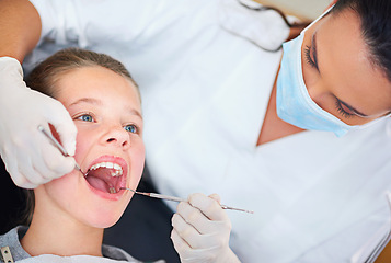 Image showing Dental mirror, girl or woman dentist with teeth exam, tooth cavity or gum disease, bacteria or search. Oral, wellness or female doctor with tool for pediatric dentistry, cleaning or mouth inspection