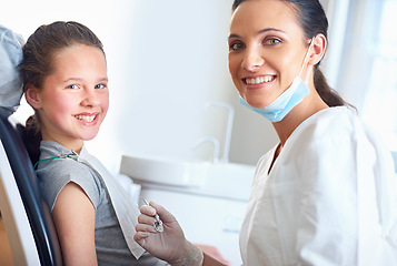 Image showing Consulting, clinic and portrait of dentist with child for cleaning, teeth whitening and wellness. Healthcare, dentistry and woman and girl with tools for dental hygiene, oral care and medical service