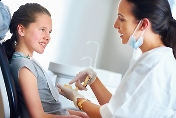 Image showing Child, checkup and smile for dentist, teeth whitening or oral healthcare for cleaning with patient. Woman, girl or kid and happy for tooth, mouth and consultation for cavity, breath or gingivitis