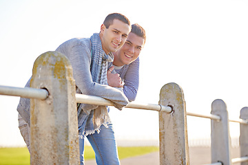 Image showing Couple, portrait and happy gay male people, smile and marriage in nature at park. LGBT, love and support or trust from partner in relationship, queer and summer on holiday or honeymoon for relax