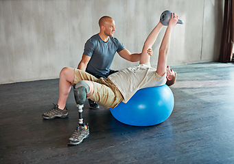 Image showing Physiotherapist, patient with disability or kettlebell or exercise ball at gym for recovery, people and healthcare rehabilitation. Physiotherapy, consultation and support or workout for amputee