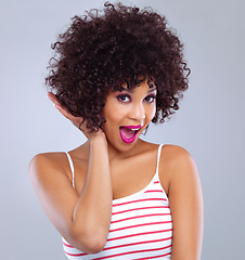 Image showing Afro, portrait and smile for female person, haircare and cosmetics on studio background. Beauty salon, treatment and curly hairstyle for happy African woman model, cosmetology and natural aesthetic