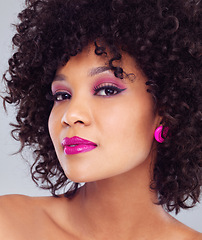 Image showing Makeup, beauty and portrait for woman, haircare and cosmetics on studio background. Cosmetic, face and pink lipstick with curly hairstyle for happy African female model, cosmetology and closeup