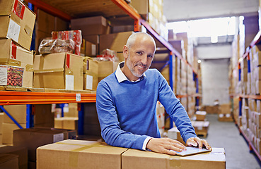 Image showing Tablet, portrait or senior man at warehouse for logistics, planning or cargo, inventory or stock, procurement or search. Digital, scroll and factory manager with app for ecommerce, faq or delivery