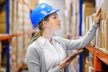 Image showing Tablet, box or woman in warehouse for storage, shipping delivery, job or stock for factory product. Industrial logistics, label or supplier inspection on package or cargo for online order on website