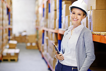 Image showing Tablet, happy or woman in warehouse for safety in shipping delivery, product or factory stock by shelf. Industrial logistics, proud inspector or boxes for package or cargo for online order on website