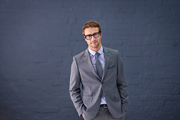 Image showing Businessman, portrait and professional with vision glasses, lawyer career with male person. Happy, formal and suit on confident Canada attorney isolated on background, office clothes for law firm