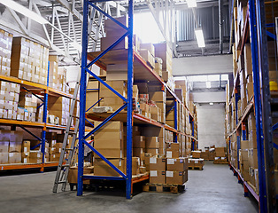 Image showing Warehouse, boxes and inventory with distribution, storage and cardboard with shelves and manufacturing. Import, export and industry with package, courier or cargo with service, supply chain and stock