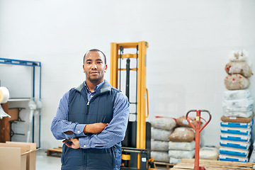 Image showing Equipment, factory and portrait of man in warehouse for inspection of stock, cargo and quality of product goods for distribution. Confident, person and industrial plant for export of supply services