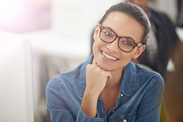 Image showing Woman, office and smile with glasses as employee in business, company and growth as web designer. Portrait, female person and startup in happiness at work for creative career and satisfied.