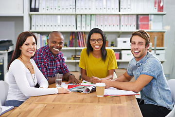 Image showing International employees, creative and designer team in office for sharing ideas and partnership in workplace. Collaboration, diversity and expanding careers for coworkers and staff in company.