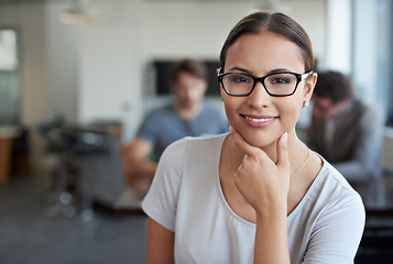 Image showing Woman, office and idea with smile, thinking and professional startup for creative agency. Entrepreneur, corporate and business with portrait, secretary and workplace happiness for career or job