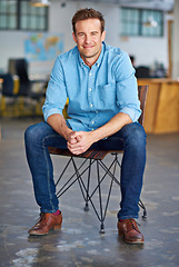 Image showing Business, man and smile with portrait in office for creative internship, confidence, startup pride and relax. Entrepreneur, employee and designer in a warehouse workspace or casual workplace in chair