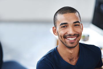 Image showing Happy, office and portrait of business black man for startup career, job opportunity and working. Professional, creative company and person at desk with confidence, pride and smile for design agency