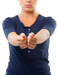 Image showing Woman, arms together and studio for handcuff, criminal and guilty for arrested, crime and illegal. Young person and isolated with hand forward for corrupt, surrender and prisoner on white backdrop