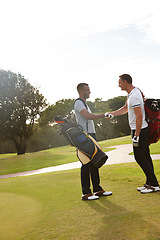 Image showing Happy man, friends and handshake with golfer on green grass for teamwork, match or outdoor game. Young male person or people shaking hands for friendly sport or competition together on golf course