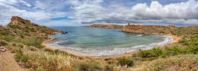 Image showing Golden Bay and beach (Ghajn Tuffieha) with turquoise, azure sea. Malta