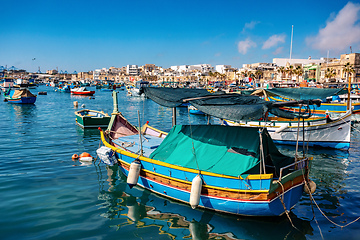 Image showing Traditional eyed colorful boats Maltese Luzzu, Marsaxlokk, Malta