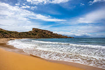 Image showing Golden Bay and beach (Ghajn Tuffieha) with turquoise, azure sea. Malta