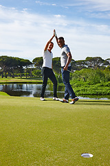 Image showing Happy man, high five and celebration with hole on golf course for winning, point or score in nature. Male person, friends or people touching with smile for teamwork, victory or match on grass field