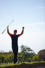 Image showing Excited man, celebration and golfer with fist pump for winning, victory or shot in sand pit. Happy male person or sports player with smile for achievement, score or point on golf course on mockup