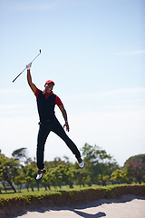 Image showing Excited man, golfer and winning with jump in celebration for victory, score or point by sand pit in nature. Happy male person or sports player with smile on golf course for match or game on mockup