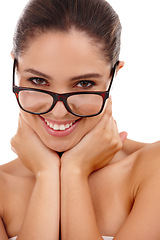 Image showing Woman, portrait and glasses in studio for ophthalmology, lens and confidence for frame or eyewear. Female person, eyecare and smile for eye insurance on white background, optometry and prescription