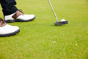 Image showing Feet, club and golf ball for sports on field, training and practice for competition or tournament. Closeup, shoes and grass for outdoor challenge and exercise, person and professional athlete on lawn