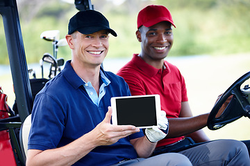 Image showing Happy, people and tablet with course on golf from personal trainer or coach for learning sport and game. Training, app and portrait with tech for teaching online lesson or tutorial from professional