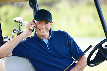 Image showing Man, phone call and portrait on golf course, communication and planning for training. Happy male person, talking and athlete for networking outdoors, golfer and internet connection or app for chat