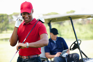 Image showing Man, phone call and check time on golf course, communication and planning for schedule. Black male person, talking and athlete for networking outdoors, golfer and watch for appointment on b2b chat