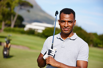 Image showing Man, portrait and club for golf tournament on field, driver and international sports or contest. Black male person, athlete and equipment for practice, training and challenge in competition on course