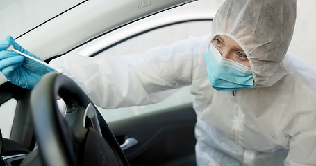 Image showing Science, csi and swab for dna evidence in crime scene car for investigation of accident and burglary with hazmat..Forensic, research analysis and person with sample collection for medical observation