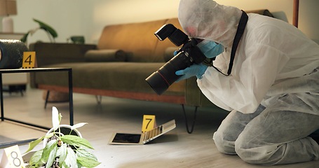 Image showing Csi, photographer and evidence at crime scene for investigation of house burglary or murder analysis. Forensic, person and digital pictures in hazmat for observation, examination and case research