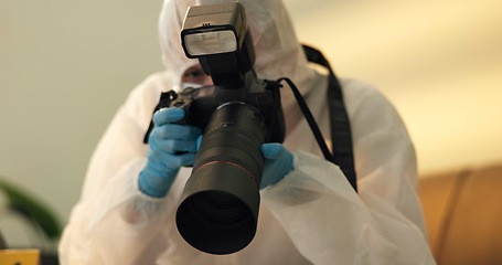 Image showing Forensic, photographer and csi at crime scene for investigation of house burglary or murder analysis. Evidence, person and digital pictures in hazmat for observation, examination and case research