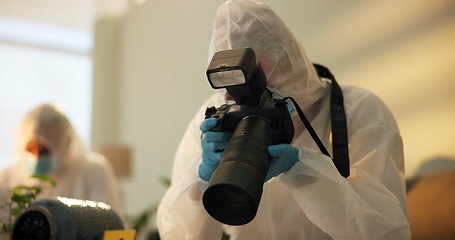 Image showing Camera, forensics and investigation of evidence at crime scene for case, photography and observation. House, research and person with technology for analysis, medical pictures and documentation