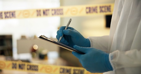 Image showing Hand, house and crime scene with writing for evidence or notes in robbery for evidence, safety and report. Forensics, police tape and investigation at home for dna, analysis and criminal activity.