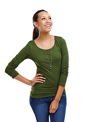 Image showing Woman, smile and hand on hips in isolated, looking away and white background or studio. Female person, happy and confident in backdrop for fashion, style and outfit with pride, clothing and beauty