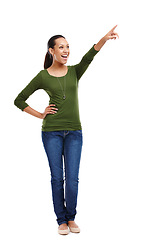 Image showing Surprised, woman and standing while pointing up in portrait as fashion model with trendy green sweater. Shocked, person and gesture for positive announcement on isolated white studio background