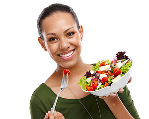 Image showing Woman, portrait and salad for meal in studio, benefits and vegetables for nutrition on white background. Female person, organic and pride for detox or minerals on diet, weight loss and vitamins