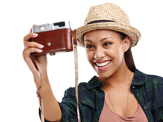 Image showing Woman, selfie and retro camera for happy, travel and white background or studio. Female person, smile and summer for tourism, destination and film photography in backdrop, vacation and holiday