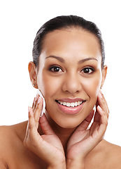 Image showing Skincare, cotton pad and portrait of woman with makeup remover for dermatology, wellness or facial skin in white background. Beauty, hand and model for toner, application and cleansing in studio