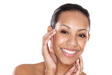 Image showing Portrait, woman and skincare in studio with smile, hands and beauty for facial by white background. Happy, glow and face of female model with clean aesthetic, self care and dermatology by backdrop