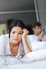 Image showing Woman, bored and bed with magazine and boyfriend for couple, problem or breakup for argument in home. Mexican female person and sad with book on blanket for stress, relationship and frustrated