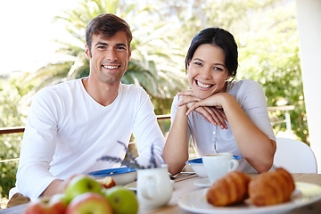 Image showing Couple, balcony and outdoor portrait for meal, love and affection in marriage or romance in nature. People, nutrition and smile at breakfast for healthy relationship, food and relax on vacation