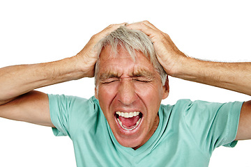 Image showing Stress, screaming or senior man in studio with mistake, headache or mental health disaster on white background. Anxiety, fear or old male model shouting, overthinking or frustrated, brain fog or loss